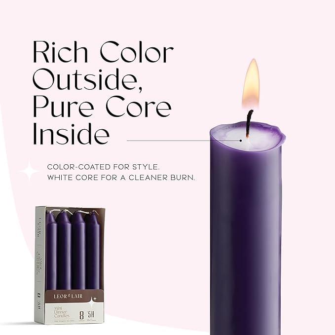 Leor & Lair Dark Purple Candlesticks – Pack of 8 Unscented 6 Inch Candles with Cotton Wick – 5 Hour Burn Short Taper Candles for Elegant Dinners & Home Décor