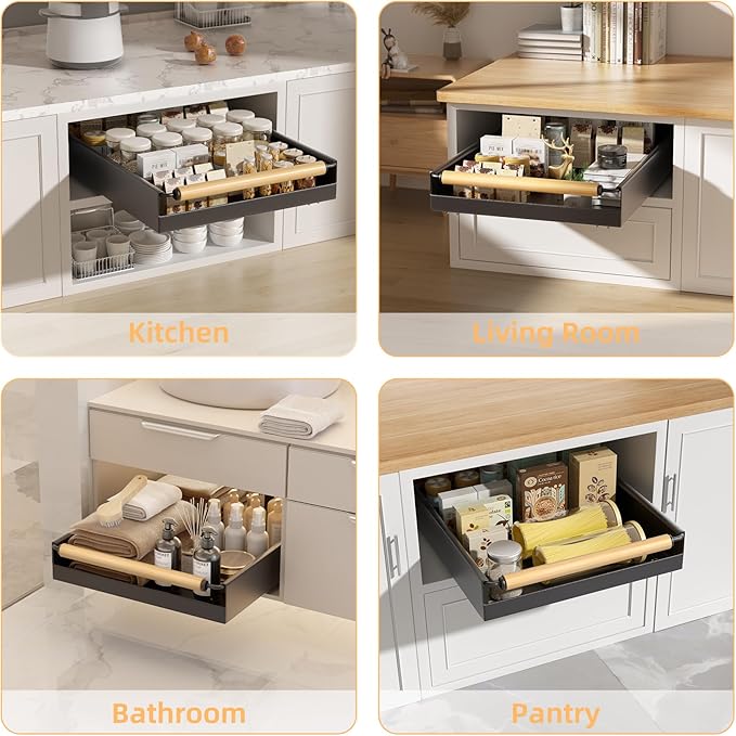 2 Pack Pull Out Cabinet Organizer, 15.3'' Deep Expandable Slide Out Cabinet Organizer Fixed with Adhesive Nano Film, Slide Out Drawers Pull Out Tray for Cabinet in Kitchen, Pantry, Bathroom, Black