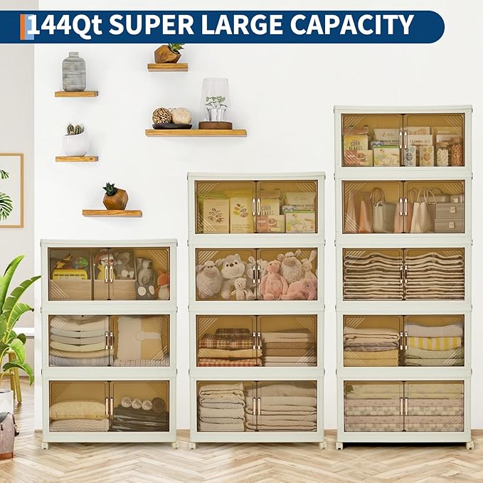 Garvee 144QT Stackable Storage Bins, Plastic Bins for Storage with Lids, Plastic Storages Drawers with Magnetic Doors & Wheels, Foldable Collapsible Closet Organizers for Home, Dorm, Office, White