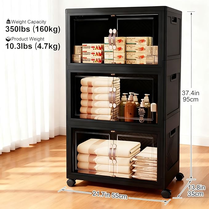 Collapsible Storage Bins with Lids&Wheels-192QT(48Gal) Stackable Plastic Containers with Doors,Heavy-Duty Foldable Organizer Bins for Home,Office,Books,Black,3-Pack