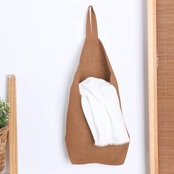 100% Linen Hanging Storage Bags Baskets 2 Pcs, Small Wall Storage Bag for Kitchen, Bedroom, RV Camper Organizer, Sewing Room, Nursery Storage, Kids Room (Brown)