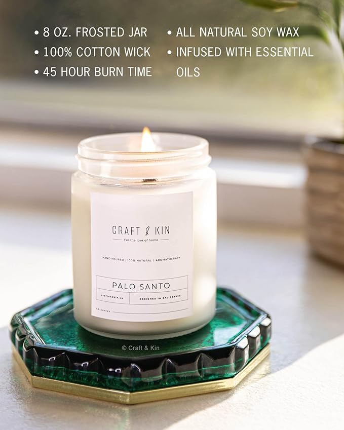 Craft & Kin Palo Santo Scented Candle | 8 Oz 45 Hour Long Lasting | Classic Soy WoodWick Winter Candles | Made with Natural Soy | Holiday Candles Gifts for Men and Women