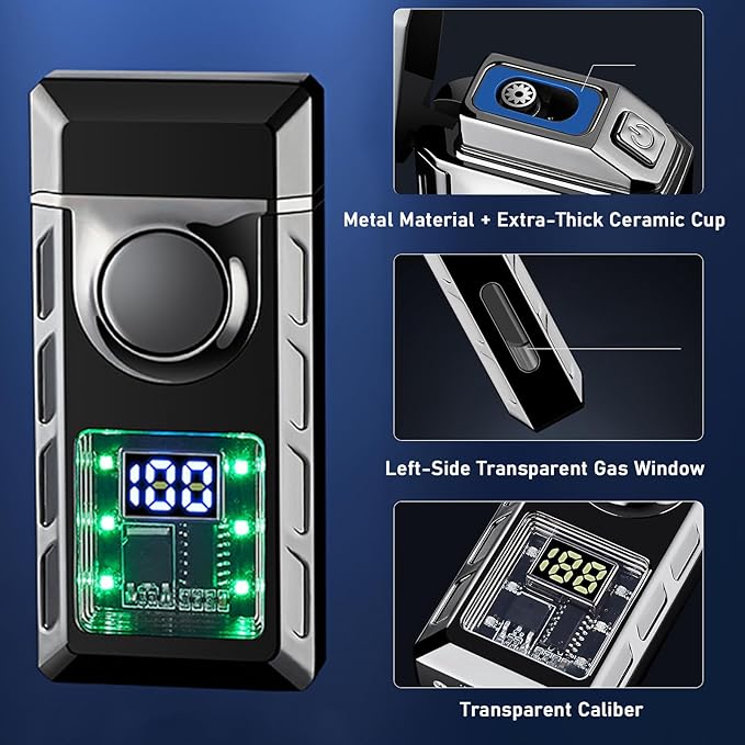 Smart Display Dual Flame Torch Lighter, Transparent Core Electric Lighter with LED Display, Butane Refillable & Type-C Charging, Windproof Jet Flame & Soft Flame Lighter (Without Butane)-Black Ice