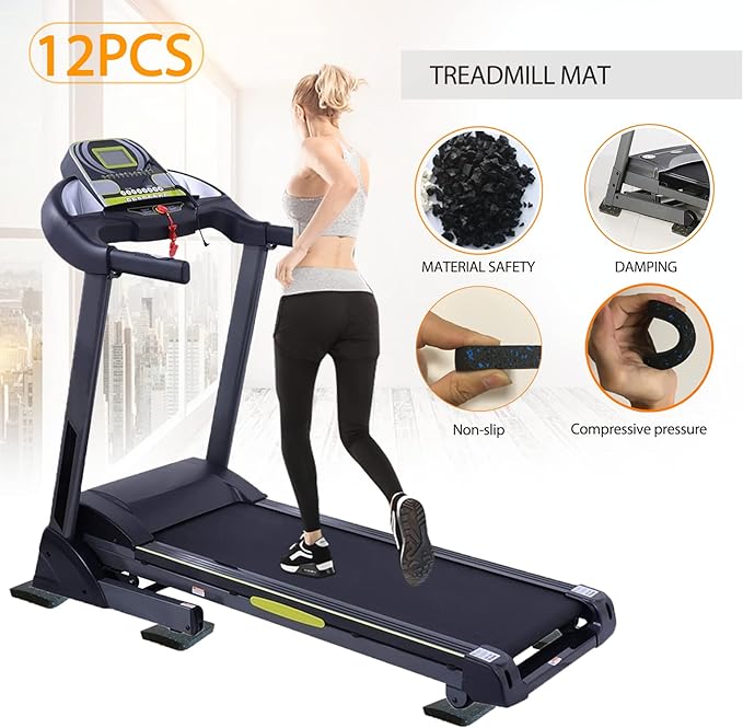 Treadmill Mat Pads - 12 PCS Bulk Pack High Density Rubber Squares for Multiple Exercise Equipment - Anti-Vibration Noise Dampening Pads for Rower, Stationary Bike, Weight Bench