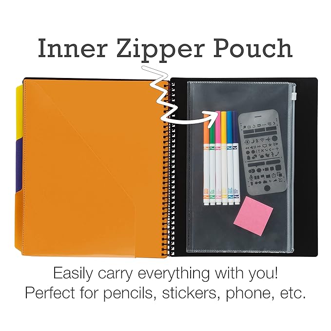 Samsill 2 Pack Deluxe 24 Pocket Spiral Project Organizer with Inner Zipper Pouch, Customizable Front Cover, 12 Dividers with Erasable Write-On Tabs in Fashion Colors, Plastic Folders with Pockets