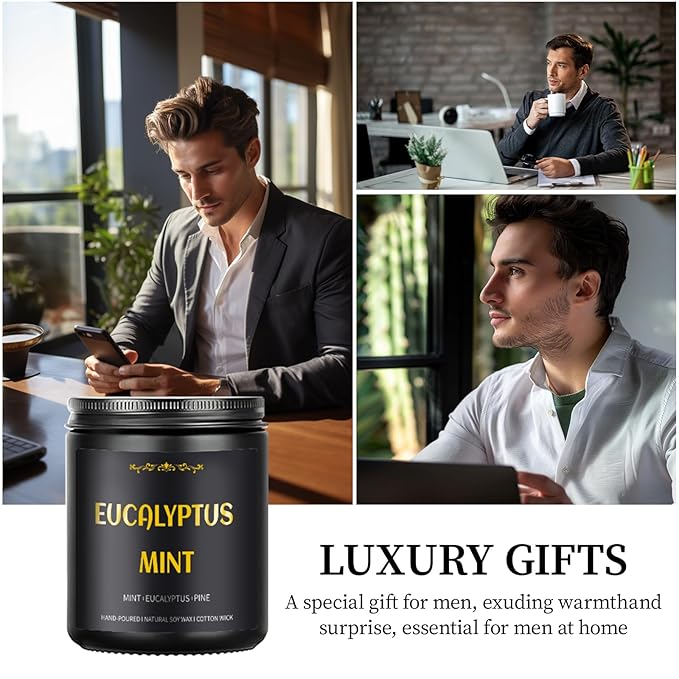 Eucalyptus Mint Candle, 7 oz Scented Candle for Men, Soy Candles for Home Scented, Masculine Jar Candle for Him, 50 Hours Burning Time Mens Candle Gift for Boyfriend, Father, Birthday Present Giving