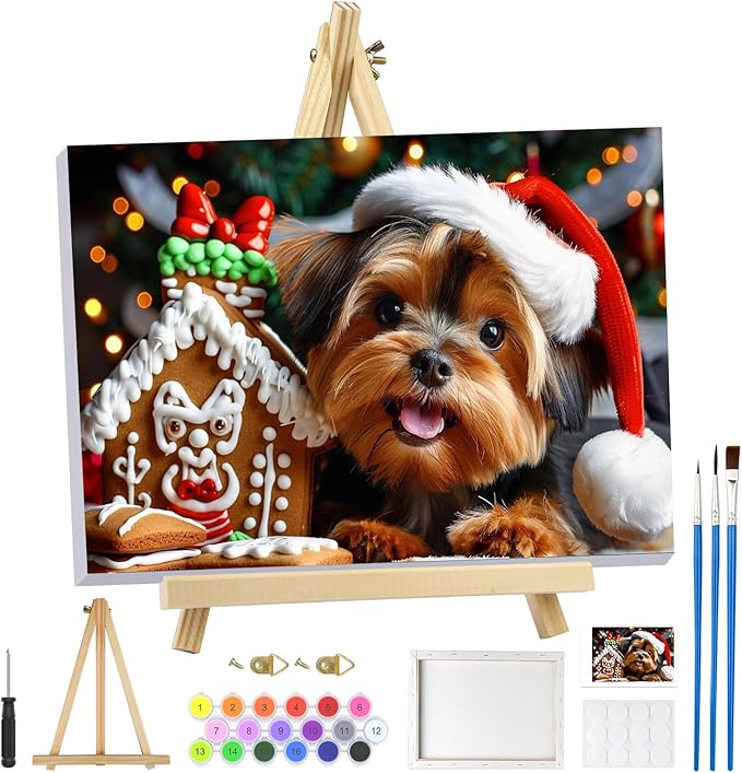 MOGTAA Christmas Paint by Numbers Kit for Adults Beginners with Frame, Christmas Dog Adult Paint by Number Kits on Canvas with Easel, Easy DIY Animal Oil Painting Kits for Home Decor, 8x12in