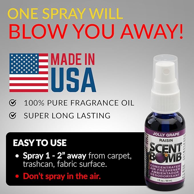 Scent Bomb Air Freshener Spray, Long-Lasting Odor Eliminator - Effective Deodorizer for Home & Car, Fresh Room Spray for Kitchen, Bathroom & Smell Neutralizer - 1 oz Pack of 4, Jolly Grape Scent