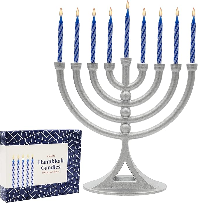 Hanukkah Silver Matte Mini Menorah with Candles Classic 5 Inch Great for Travel, Hanukkah Decor Centerpiece