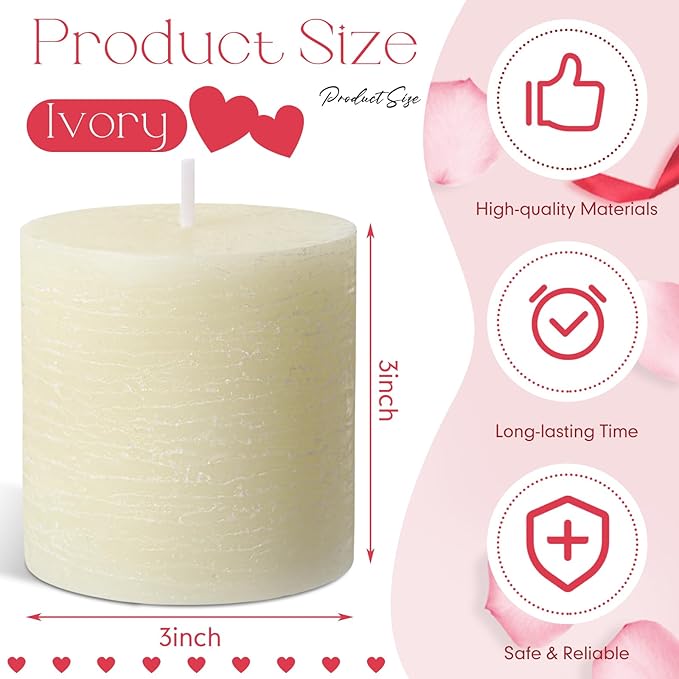 Sumind Valentine's Day Handmade 3x3 Inch Pillar Candles Set of 3, 24 Hour Long Burning Unscented Rustic No Drip Ivory Candles Hand Poured for Spring Home Decor, Weddings, Parties,Dinner,Church(White)