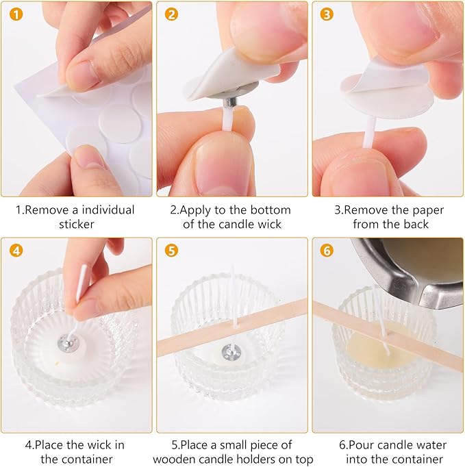Candle Wicks for Candle Making 150Pcs with 160Pcs Wick Stickers and 12Pcs Candle Wick Holders 48Pcs Warning Labels for DIY Candle Making ((4"+6"+8")