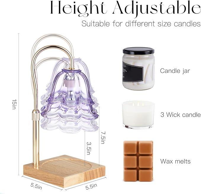Candeldo Candle Warmer Lamp with Timer: Purple Flower Candle Warming Lamp with 2 Bulbs Height Adjustable Wax Warmer Dimmable Bedroom Decor Mothers Day Gift for Women