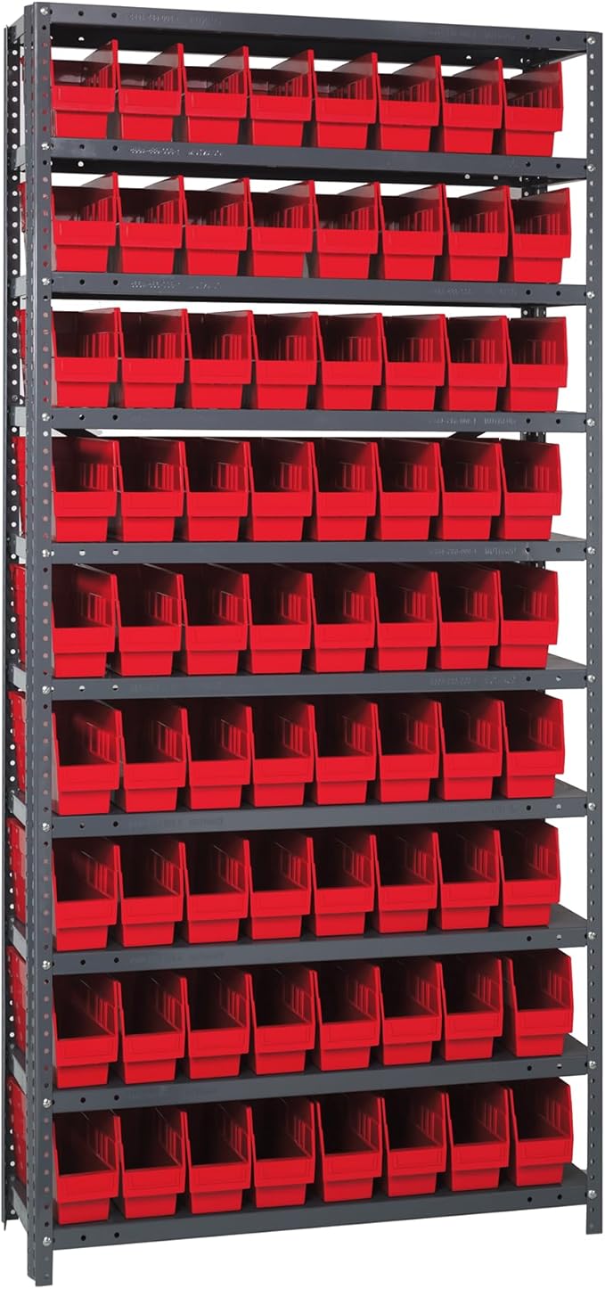 Quantum Storage Systems 1275-201RD Store More Steel Shelving Unit with 6" Shelf Bins, 12" D x 36" W x 75" H, Red