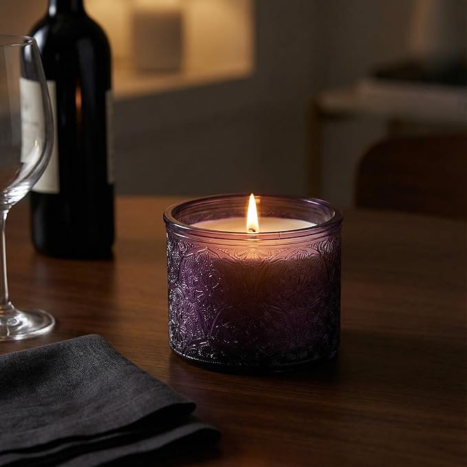 10 oz Embossed Glass Candle Container with Bamboo Lids and Labels, Purple Candle Jars for Making Candles, Mandala Design - Pack of 9