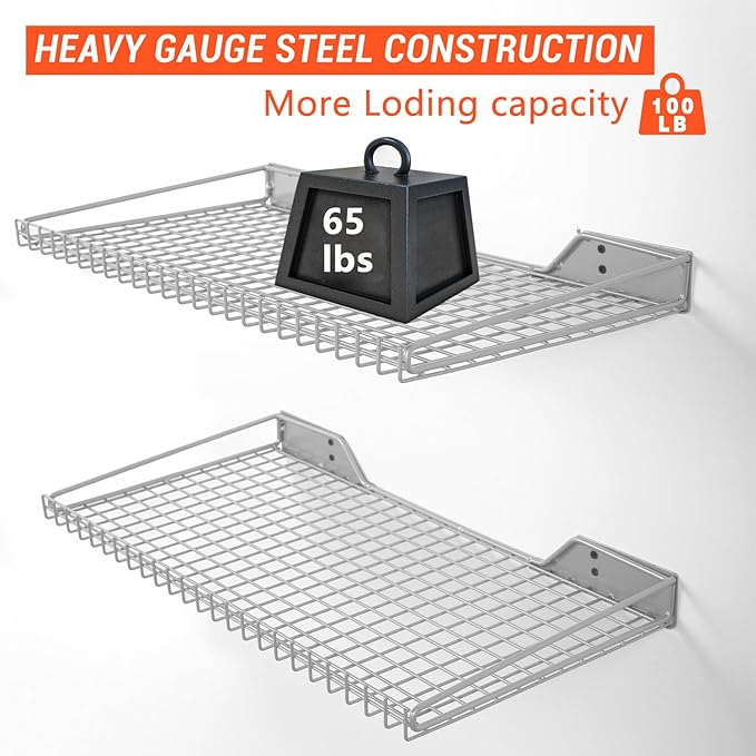Wallmaster Heavy Duty Garage Wall Shelving 2 Pack 23.6"x11.8" Metal Wire Shelves Wall Mount Mesh Storage Rack for Garage, Office, Basement and Kithcen, max Load 65 lbs (Grey)