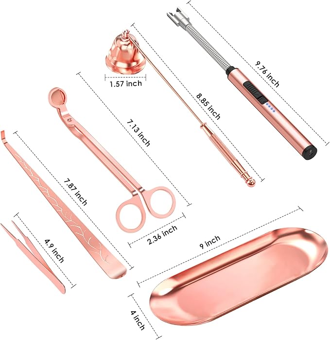 6 in 1 Candle Accessory Set,Candle Wick Trimmer Cutter,Candle Wick Dipper,Candle Wick Snuffer, Rechargeable Candle Lighter,Storage Tray Plate,Tweezers,Stainless Steel Candle Care Kit Gift