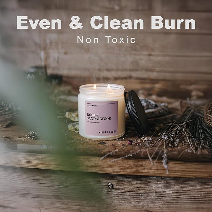 Hidden Label Rose Sandalwood Scented Candle, 12oz 2 Wick Natural Soy Non Toxic Candles, Clean Burning Long Lasting Aromatherapy for Home | Gifts | Décor,Premium Scents for Relaxation & Stress Relief
