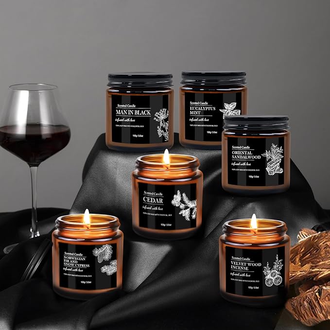 Scented Candles for Men | 6 Pack Candles for Home Scented, 150 Hour Burn Time Aromatherapy Christmas Candles Gifts for Men Birthday|Sandalwood Cedar |