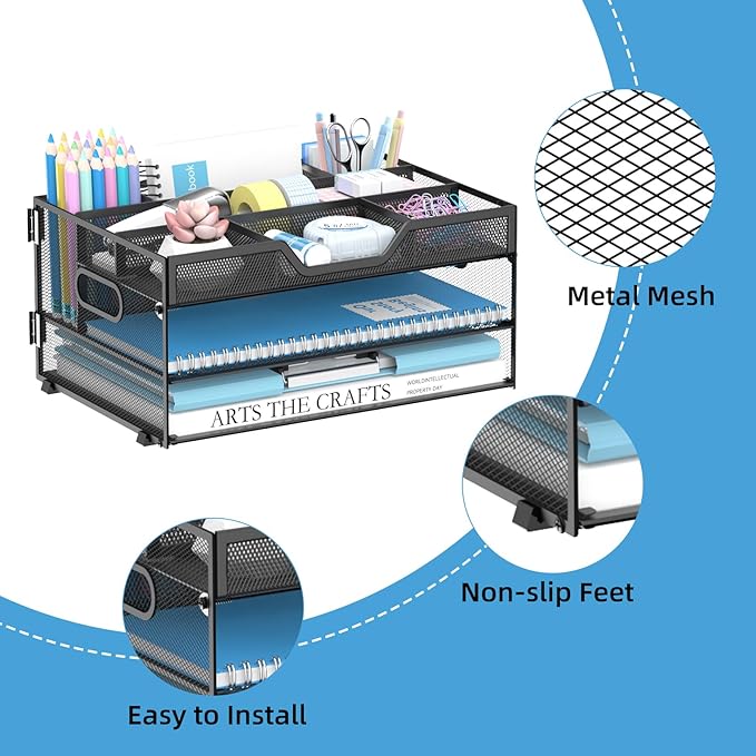 Daltack 3-Tier Desk Organizer with Handle, Mesh Paper Organizer with Pen Holders & Adjustable Compartments & A4/Letter Paper Trays for Home Office Supplies, Black