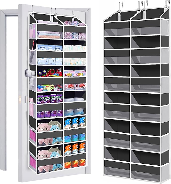 Heavy Duty Over The Door Organizer 6 Tiers, Extra Large Behind Door Storage of 12 Big Front & 12 Mesh Pockets, 80lb Weight Capacity, Hanging Doors Storage for Closet Bedroom Nursery, Gray