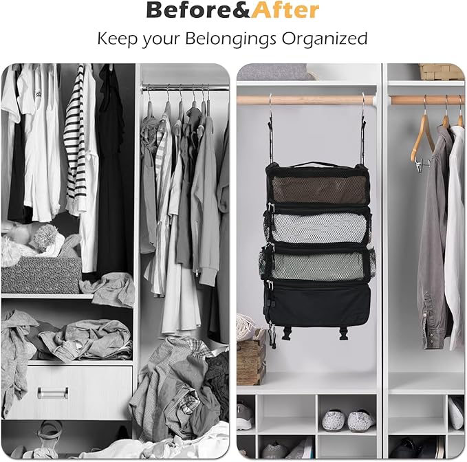 TABITORA Travel Luggage Organizer Hanging Packing Cubes Portable Hanging Shelves Carry on Closet for Suitcase with 2 Hooks,Collapsible(Black,M)