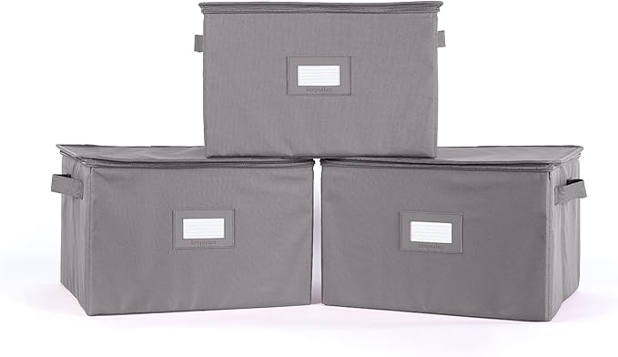 Covermates Keepsakes Zip-Top Storage Box Set, 3 Pack Heavy Duty Polyester Organizer Bins, Stackable Design, ID Window, Reinforced Handles, Closet Home Storage, Graphite