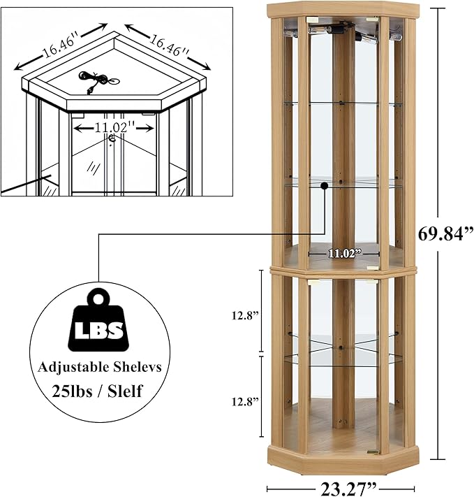 69" H Lighted Curio Cabinet Corner Display Case,Corner Glass Cabinets with Tempered Glass Door and Adjustable Shelves,Wooden Curio Cabinet with Mirrored Back Pane (Style 1 - Light Oak)