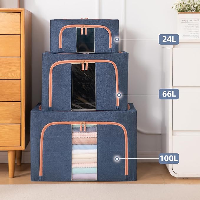 GuliPostan 100L Stackable Clothes Storage Bins with Metal Frame Handles & Zipper, Collapsible Closet Organizer Box with Lid for Bedding Blankets Towel (Navy,1 pack)