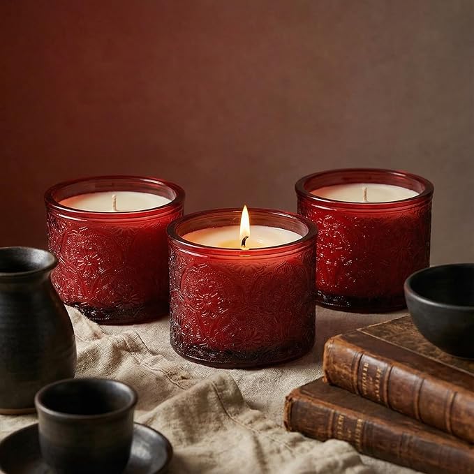 10 oz Embossed Glass Candle Container with Bamboo Lids and Labels, Red Candle Jars for Making Candles,Mandala Design - Pack of 9