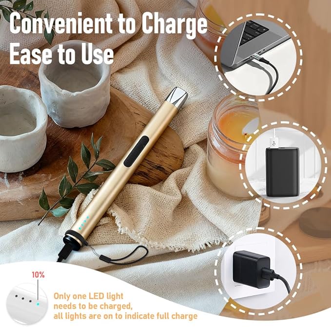 Candle Lighter, Electric Rechargeable USB Arc Windproof Flameless Plasma Lighter Long Stick with Rope and Ring, No Butane Fluid, Perfect for Candle BBQ Camping Kitchen Stove, Gold