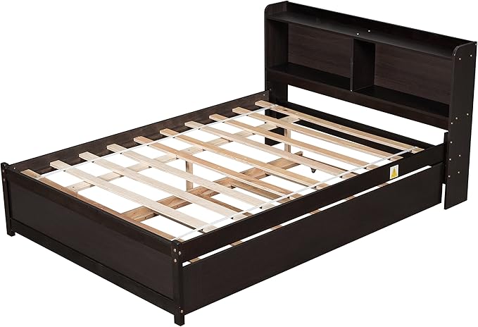 Harper & Bright Designs Full Size Bed Frame with Bookcase Headboard, Wooden Full Size Platform Bed with Trundle and Storage for Kids Girls Boys, No Box Spring Needed, Easy Assembly, Espresso