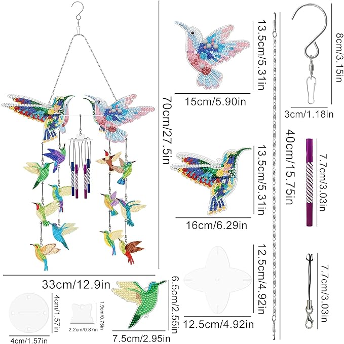 Hummingbird Diamond Art Wind Chimes DIY Kit 5D Diamond Art Painting Wind Chime Hummingbird Hanging Pendant Double Side Special Shape Rhinestones by Number Mosaic Wind Chime for Yard Porch Tree Decor
