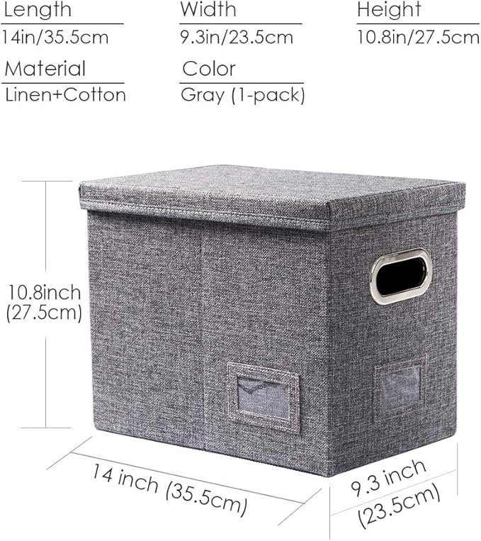 PRANDOM File Organizer Box - Set of 1 Collapsible Decorative Linen Filing Storage Hanging File Folders with Lids Office Cabinet Letter Size Grey (14x9.3x10.8 inch)