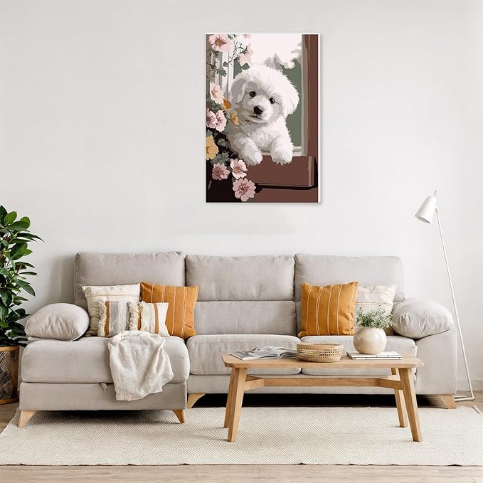 NAIMOER Dog Flowers Paint by Numbers Kits for Adults Beginner with Wooden Framed, Color by Numbers on Canvas Painting Kits for Adults, Easy Paint DIY Acrylic for Home Wall Decor 8X12 Inch