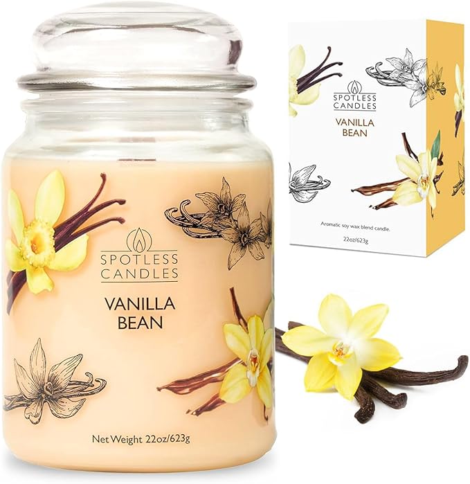 Candle Vanilla Bean 22oz with Wooden Wick in a Presentation Gift Box & Protective Shipper - Vanilla Scented Candles - Large Jar Candles