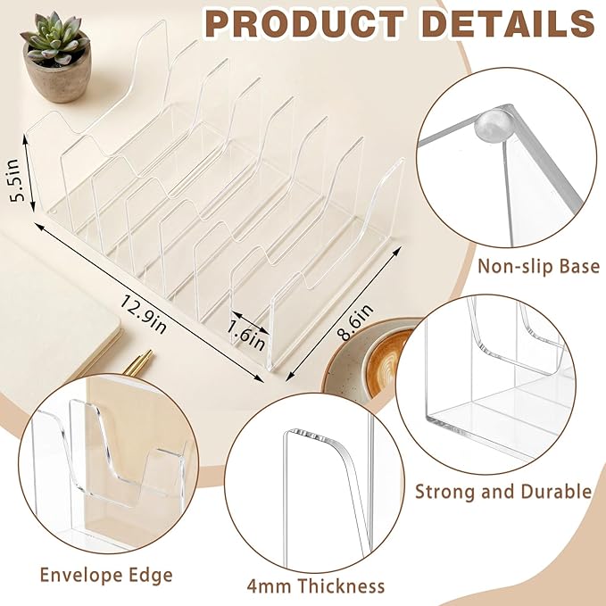 Wenqik Clear Acrylic Desktop File Organizer Vertical File Sorter 4mm Thick, Large Capacity Upright Magazine Organizer, Book Paper, Notebooks, Envelopes, Mail Holder(7 Section)