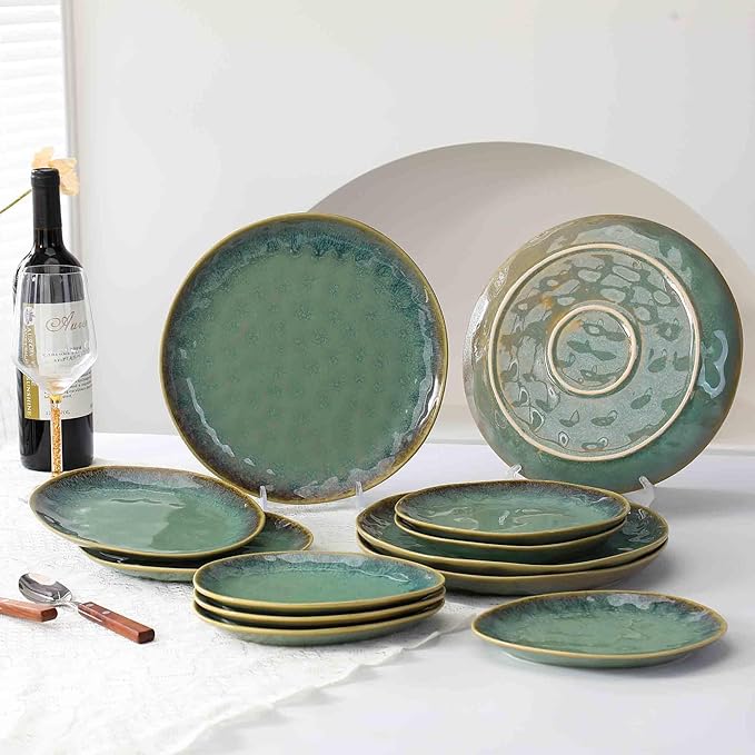 Henten Home Ceramic Dessert Plates, 8.5 Inch Salad Plate Set of 4, Porcelain Snack Serving Dishes for Cake, Kitchen, Microwave & Dishwasher Safe, Reactive Glaze (Green)