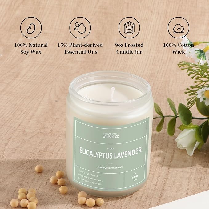 Eucalyptus Lavender Candle for Home Scented| Natural Soy Non Toxic Candles| Long Clean Burning Aromatheraphy Jar Candel| Women,Men Gift for Autumn,Winter, Halloween,Thanksgiving,Relaxing| 9oz