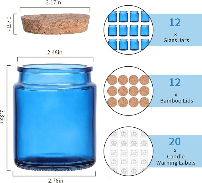 Lanttu 12 Pack Blue Candle Jars for Making Candles, 7.5oz Glass Jars with Wooden Lids and Labels, Candle Making Supplies Candle Containers for Home DIY, Gifts, Table Decor