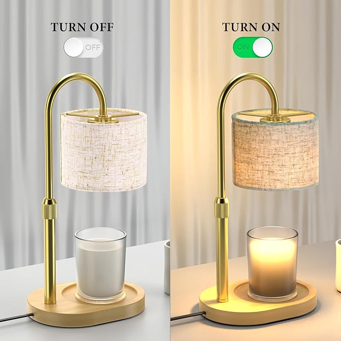 Gold Candle Warmer Lamp with Timer Dimmer, Height Adjustable Electric Candle Warmer Wax Heater with Wooden Base 2 Bulbs, Birthday Gifts for Women Her, Mom, House Warming Gifts New Home