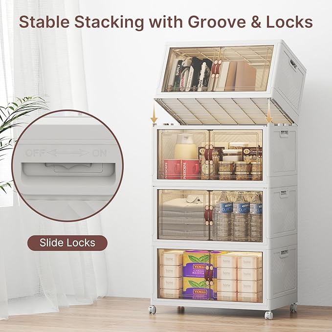 UAMFURI Stackable Storage Bins with Lids, 192QT Closet Organizers, Lockable Storage Cabinet，Foldable Storage Box with Doors and Wheels, Plastic Drawers for Home, Garage, Office (4, White, Medium)