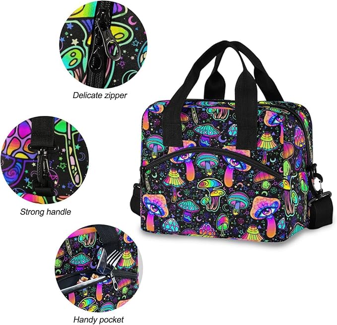 CBBYY Mushroom Lunch Bags for Women Men, Reusable Insulated Lunch Box, Adjustable Shoulder Straps Tote Lunch Bag for Work Picnic School