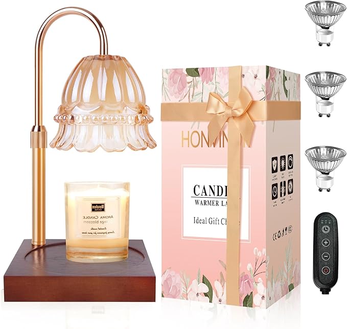 Candle Warmer Lamp, Candle Warmer Lamp Adjustable Height, Candle Warmer Light with Timer & Dimmer, Compatible with Jar Scented Candles, Flower Candle Warmer with 3 Bulbs for Home Decor