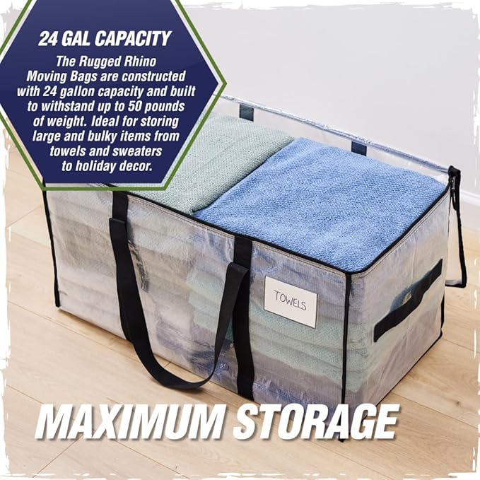RUGGED RHINO Heavy Duty Extra Large Moving Bags, Durable Bag Strong Handles and Zipper, Moving Boxes Alternative for College Packing, Holiday Décor, Space Saving Storage with Label, 2 Pack Blue/Clear