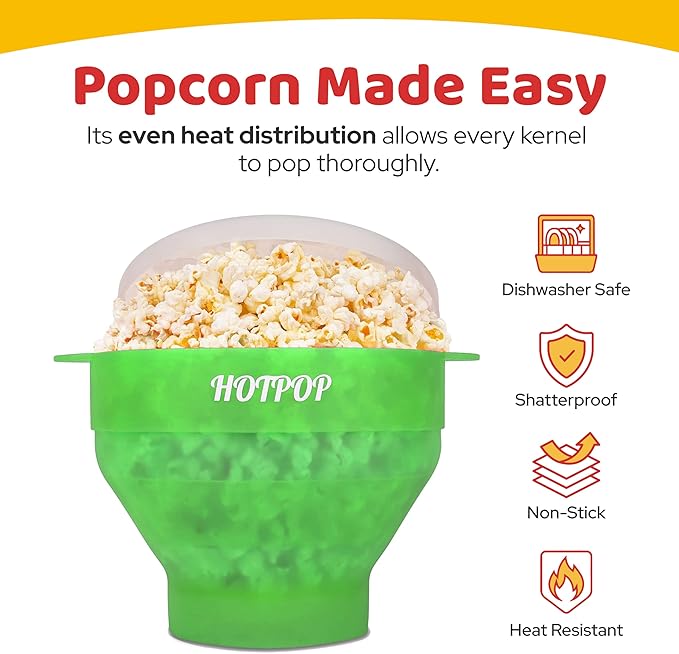 The Original Hotpop Microwave Popcorn Popper, Silicone Popcorn Maker, Collapsible Bowl BPA-Free and Dishwasher Safe- 20 Colors Available (Transparent Green)