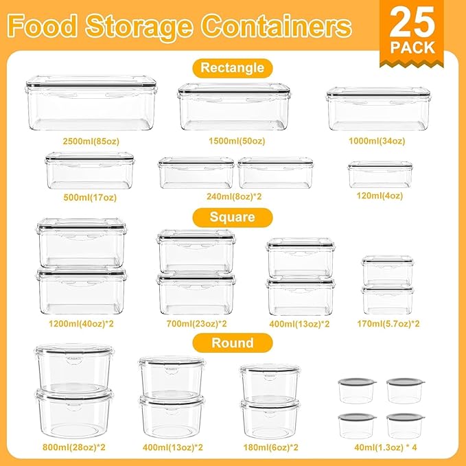AISOON 50 Pcs 85 Oz Airtight Food Storage Containers Set with Lids, Leakproof Stackable BPA-Free Kitchen & Pantry Organizer Set, Reusable Meal Prep & Freezer-Safe Containers with Labels & Pen