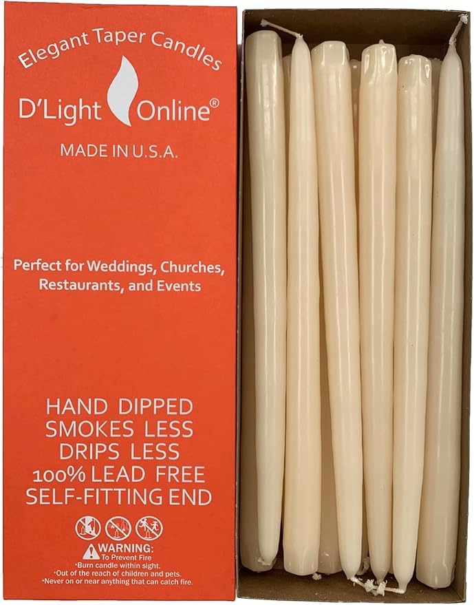 Elegant Cream Ivory Taper Candles 10 Inch Premium Quality Candles, Hand-Dipped, Dripless Tapered Candles, Smokeless and Unwrapped Bulk Pack for Events - Set of 12 (10 Inch, Ivory)