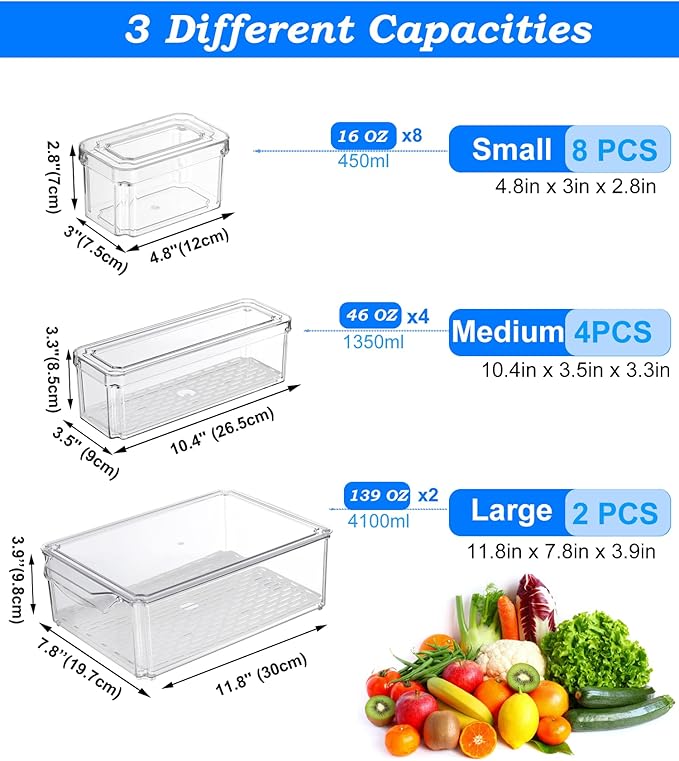 KUMD 14-Pack Clear Fridge Organizer Bins with Lids, Stackable Refrigerator Storage Containers, BPA-Free with Drain Tray & Anti-Slip Base for Fruits, Veggies, Drinks