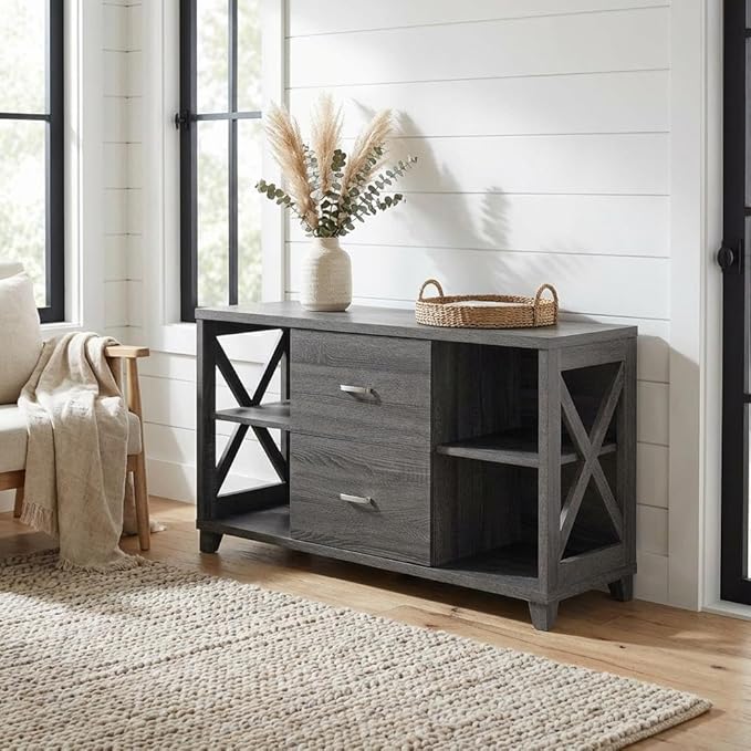 Furnifact Gray Deluxe 2 Drawer TV Stand with Shelves for Up to 55-Inch TVs, Transitional Coastal Style, Particle Board MDF Construction