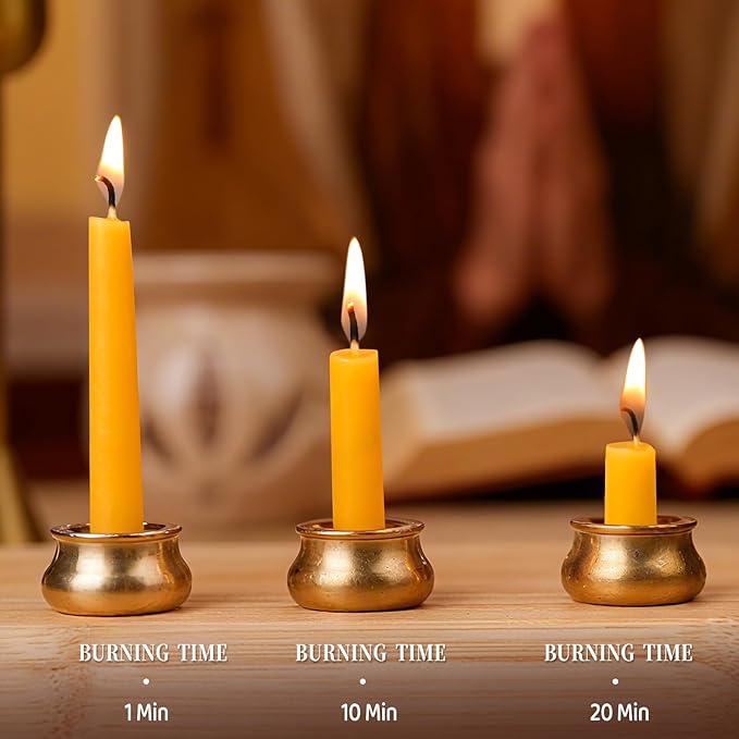 70Pcs Beeswax Candles 30 Minute Meditation Candles, Mini Taper Candles with Brass Candle Holders, Prayer Candle Gift for Yoga Relaxation Ritual Chime